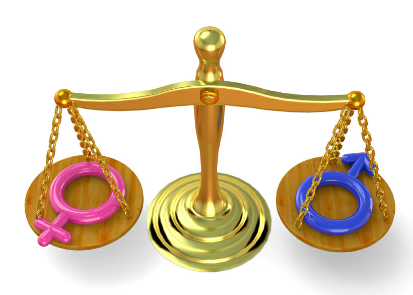 Gold scale evenly holding gender signs, sex equality